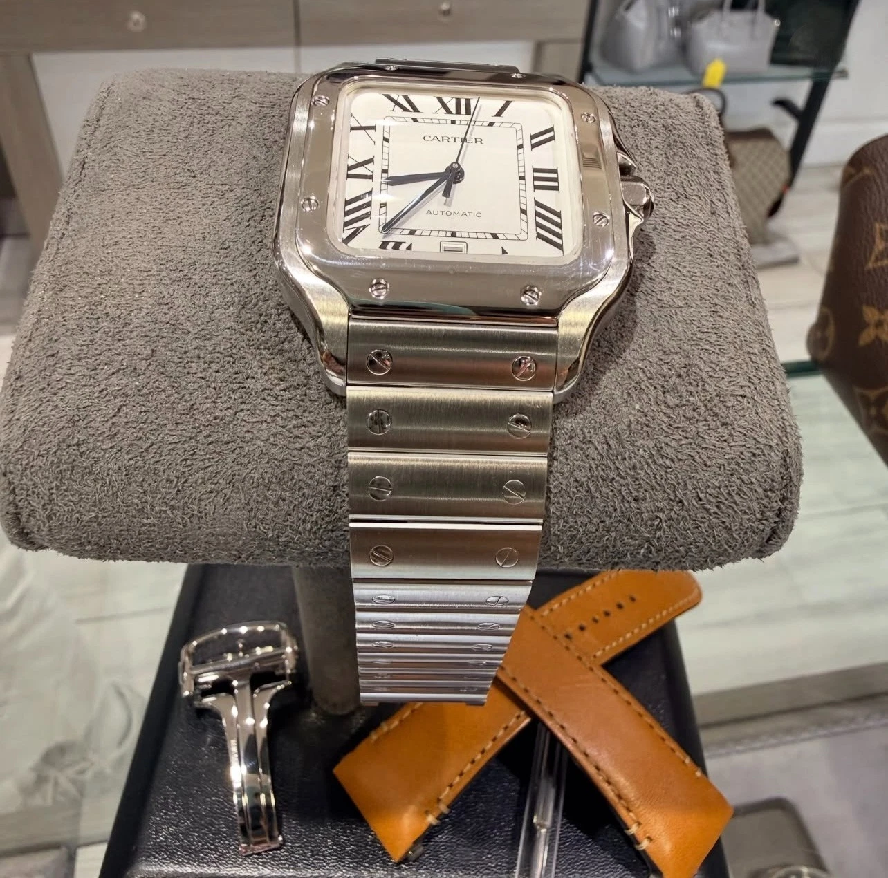 Santos De Cartier Watch Medium Model, Automatic Movement, Steel, Interchangeable Metal And Leather Bracelets Santos De Cartier Watch Medium Model, Automatic Movement, Steel, Interchangeable Metal And Leather Bracelets